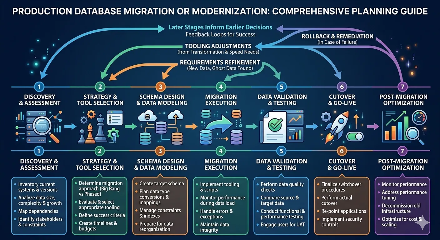 Flowchart illustrating the comprehensive planning for database migration with 7 steps, detailed activities and feedback loops, and text explaining each phase.
